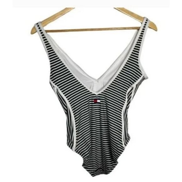 Tommy Hilfiger Striped One Piece Swimsuit Olive White Size 10 - Picture 2 of 9